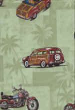 70pihi Hawaiian cotton apparel fabric.  with trucks , motorcycles and surf boards.