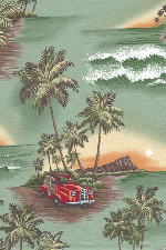 70puluwai Diampnd Head, waterfalls, hula girl, ukulele, palm trees, woodies, hibiscus on cotton poplin apparel fabric.