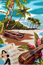 Aulike - Barkcloth Hawaii Fabrics - Vintage Style Hawaiian Fabrics. Hawaiian scenic print with hula girls, ukulele, ocean and canoes.