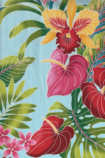 80eueu  44/45 Wide, All-Over. Stylized, multi-colored anthurium, plumeria, orchids.