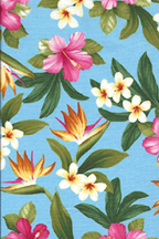 80la hai Hibiscus, plumeria and bird of paradise on a cotton poplin fabric. 