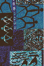 80lava Petra glyphs & Tiki masks  - non-upholstery  barkcloth fabric .