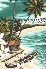80luloni Tropical Fabric - Scenic, diamond head, straw huts, canoes, plumeria (frangipani), palm trees, and ocean. 