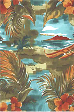 80noi Diamond Head, Hula Huts and canoes on a gray cotton apparel fabric.