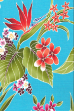80waina stylized, brightly-colored bird of paradise, naholo, palm fronds and leaves apparel
		cotton, tropical  - tropical vintage style, Hawaiian botanical fabric.