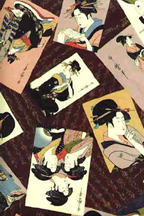 90nipoa Geisha Girls on a brown cotton fabric.  Tropical cotton