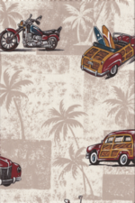 90pihi Hawaiian cotton apparel fabric.  with trucks , motorcycles and surf boards 
