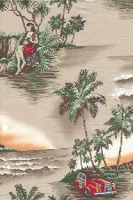 90puluwai - scenic islands with views of Diamond Head, woody cars, hula girl playing an ukulele, palm trees, waterfalls, ferns, and a canoe.