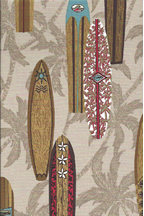 90surfs up surfboards, and palm trees on a beige taupe light brown apparel cotton, Hawaiian vintage style fabric.