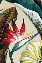 Bird Of Paradise - Vintage Style Tropical Hawaiian Fabrics For Sewing Home Decor, Furniture Upholstery. Tightly clustered bird of paradise, banana and taro leaves. Cotton  - tropical vintage style, Hawaiian botanical fabric.