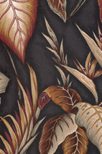 Makaii Black Leafy, gold Latino, - tropical vintage style, Hawaiian botanical fabric.