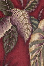 Makaii Red Tropical leaves on cotton nubby bark cloth