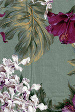 Floral Garden Sage Tropical Orchids on cotton bark crepe textured bark cloth.