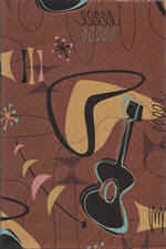 Jetson Coco Retro,brown,vintage, Boomerang, abstract, atomic ukulele on a nubby barkcloth