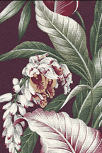 Leafy Retro Panel - Barkcloth Hawaii Fabrics - Vintage Style Hawaiian 
    Tropical Botanical Vintage Hawaiian Fabric Panel. Shell ginger, palm fronds, ti, and taro leaves. on cotton bark crepe textured upholstery bark cloth fabric.