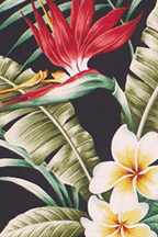 Mauna wili Black Tropical Hawaiian Bird Of Paradise and plumeria Flowers on bark crepe textured bark cloth fabric
