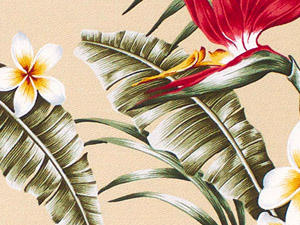 Mauna wili  Natural Tropical Hawaiian Bird Of Paradise and plumeria Flowers on bark crepe textured bark cloth fabric