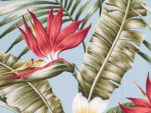 Mauna wili Sky Tropical Hawaiian Bird Of Paradise and plumeria Flowers on bark crepe textured bark cloth fabric