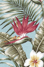 Maunawili Sky Tropical Bird of paradise, plumeria (frangipani), palm fronds, and banana leaves. vintage style barkcloth -blue barkcloth fabric.