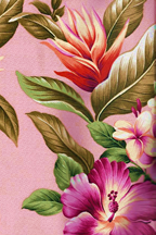 Olelo Coral - a Tropical Botanical Vintage style Hawaiian Fabric with Hibiscus, plumeria, ginger, and leaves. A floral print on a cotton upholstery barkcloth.