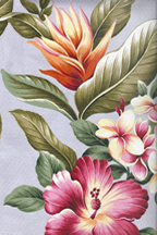 Olelo Lavender Tropical Hawaiian Ginger, plumeria and Hibiscus Flowers on bark crepe textured bark cloth fabric.