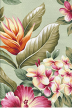 Olelo Sage tropical ginger, plumeria, hibiscus on a cotton upholstery fabric.