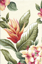 Olelo Natural Vintage hibiscus, plumeria (frangipani), torch ginger and leaves on cotton upholstery fabric.