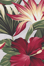 Puahi Mauve Tropical Hawaiian Bird Of Paradise and Hibiscus Flowers on bark crepe textured bark cloth fabric