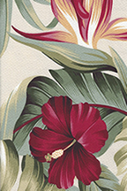 30puahi Tropical Hawaiian Bird Of Paradise and Hibiscus Flowers on apparel weight cotton fabric.
