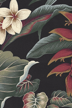 Waipahee Black Heliconia, plumeria, taro plants, palm fronds, and leaves. Hawaiian vintage style nubby bark cloth upholstery fabric