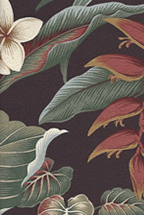 Waipahee Chocolate Heliconia, plumeria, taro plants, palm fronds, and leaves. Hawaiian vintage style nubby bark cloth upholstery fabric