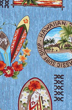All-Over. Sailboats, surfboards, straw huts, palm trees, and hibiscus over a textured ground