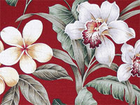 10olelo Abstract, Sixties hula girl, Plumeria flowers on cotton broadcloth apparel fabric