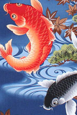 All-Over. Colorful Koi, japanese maple trees, over swirling water. .