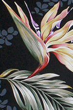 All-Over. Bird of paradise, orchids, heliconia and ferns layered over tone on tone plumeria leis.