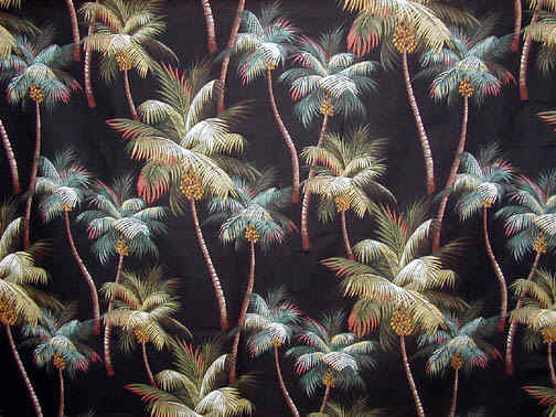 Click for a detailed view Coconut Palms trees on a black cotton barkcloth fabric