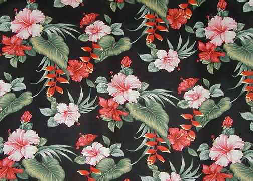 Overall view of our cotton barkcloth fabric, this is a Hawaiian fabric with a tropical vintage print. This one is black with pink & red Hibiscus flowers peeking through a green foilage.  The exotic red heliconia flowers are  tipped with a bit of yellow. (#10dar)