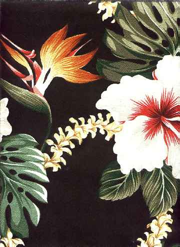 Haumea Black Tropical Hawaiian orchid & plumeria flowers, nubby upholstery bark cloth fabric.