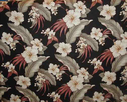 Nani Black Tropical Hawaiian Tropical Hawaiian orchid & hibiscus flowers, cotton nubby bark cloth upholstery fabric.
