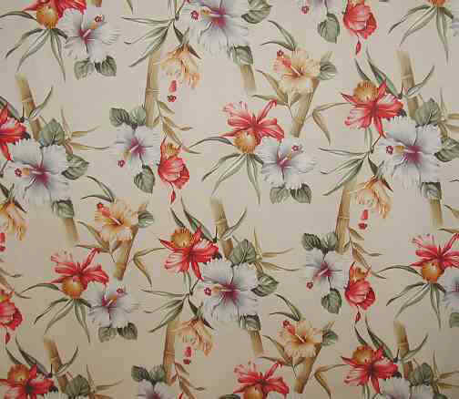 Chopped Bamboo Tropical Hawaiian chopped bamboo stalks & hibiscus flowers on a non-upholstery  cotton barkcloth fabric.