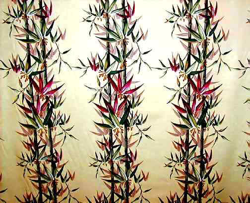 click for detailed view  Bamboo stalks with flowers on a Yellow toned cotton