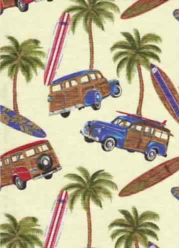 30muku woodies, woody's, surfboards & palmtrees, apparel cotton Hawaiian vintage style fabric.