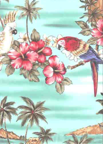 80kapili Tropical parrots, birds, palm trees, hibiscus cotton apparel fabric