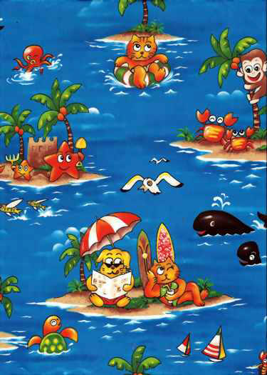 Hawaiian Fabrics - Surfboards, monkeys, whales, cats,
dogs, starfish, palm trees, umbrellas