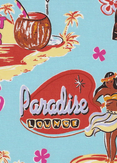 80muka, Hula Girls, cocktail glasses & palm trees, tikis , retro fabric, cotton apparel fabric.
