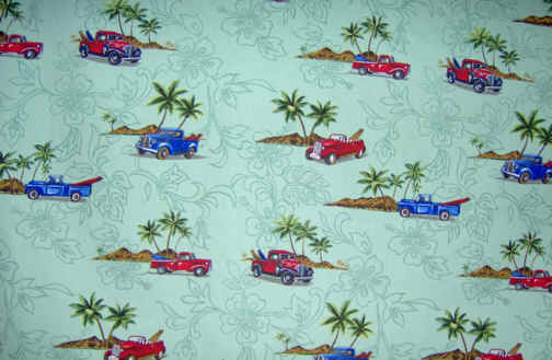 Diamond Head, palms, surfboards & trucks on an aqua poplin apparel