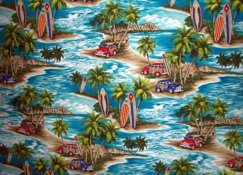 Diamond Head, palm trees, surfboards, woodys, woodies
Hawaiian tropical floral scenic print