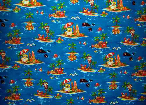 Hawaiian Fabrics - Surfboards, monkeys, whales, cats,
dogs, starfish, palm trees, umbrellas