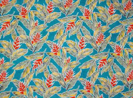 80maalea Tropical Hawaiian aqua, Leafy & Heliconia - on cotton broadcloth fabric, apparel cotton Hawaiian vintage style fabric.