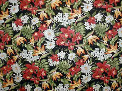 10hukilau Black - Hibiscus, bird of paradise, & protea - cotton barkcloth fabric